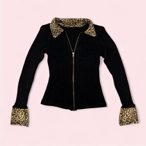 Vintage Black Zip-Up Sweater with Leopard Trim